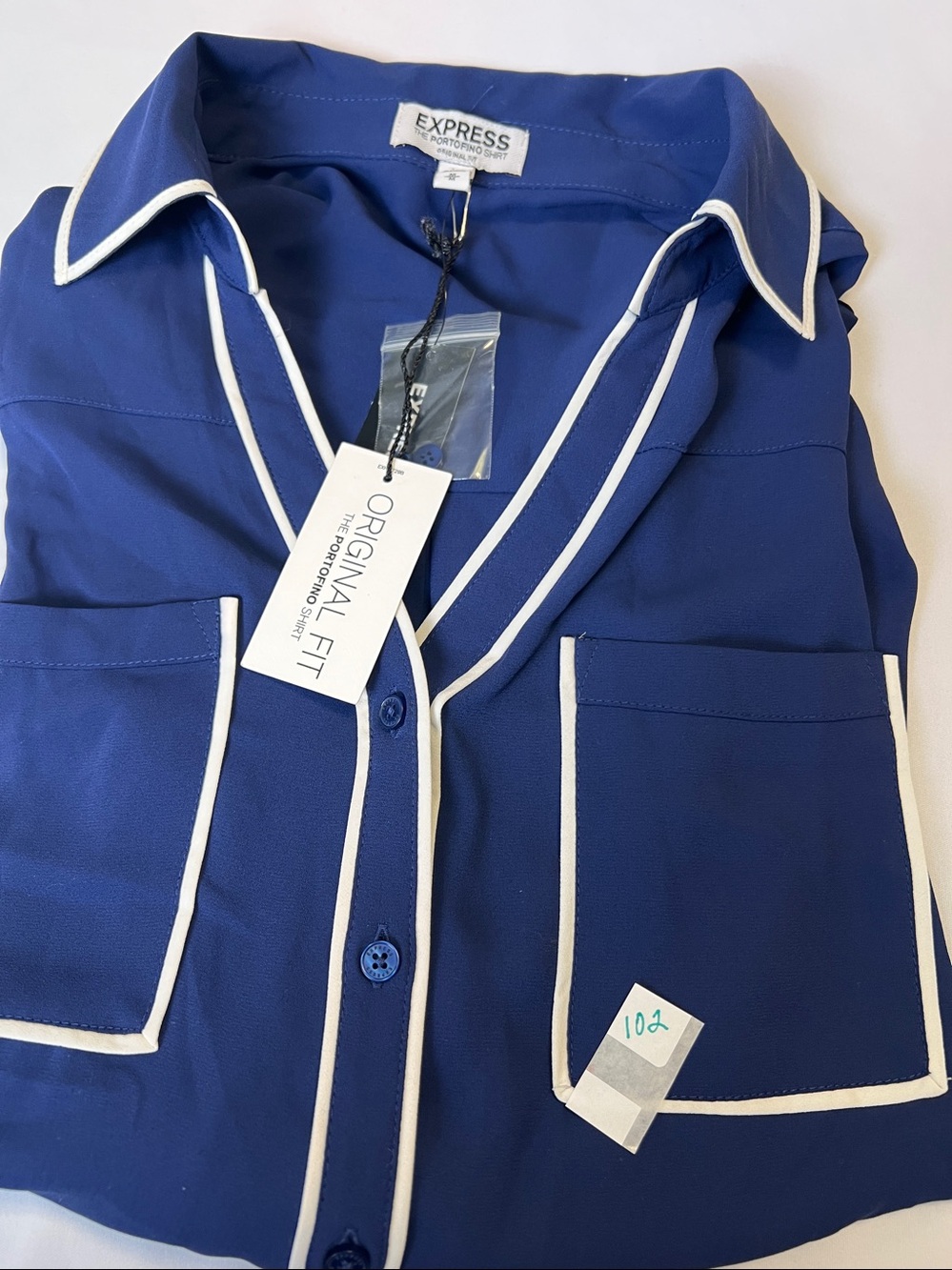 Express - NWT- The Portofino Shirt -  Navy Contrast Trim Blouse - Picture 12 of 12